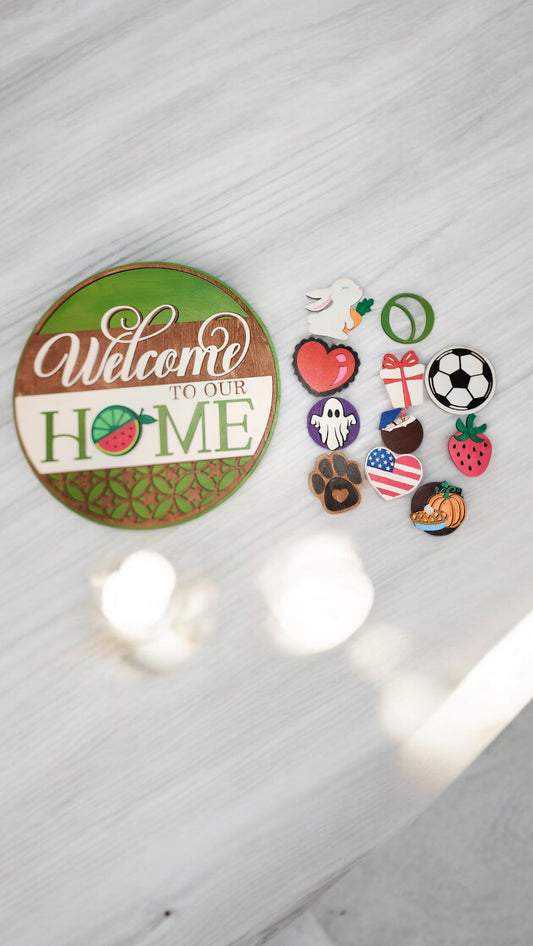 Interchangeable HOME Welcome Sign with 12 Seasonal Inserts — Handmade Wooden Porch or Entryway Décor, Includes Christmas, 4th of July, Winter & More