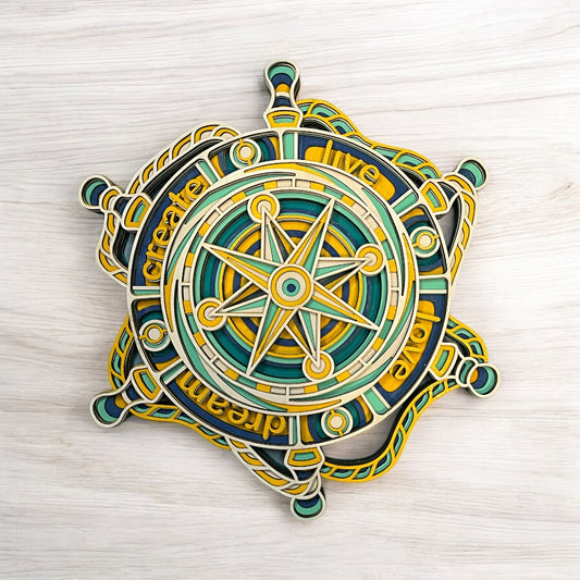 Nautical Wheel Multi-Layer Wood Sign – “Live, Love, Create, Dream” Wall Art in Yellow, White, Teal & Blue