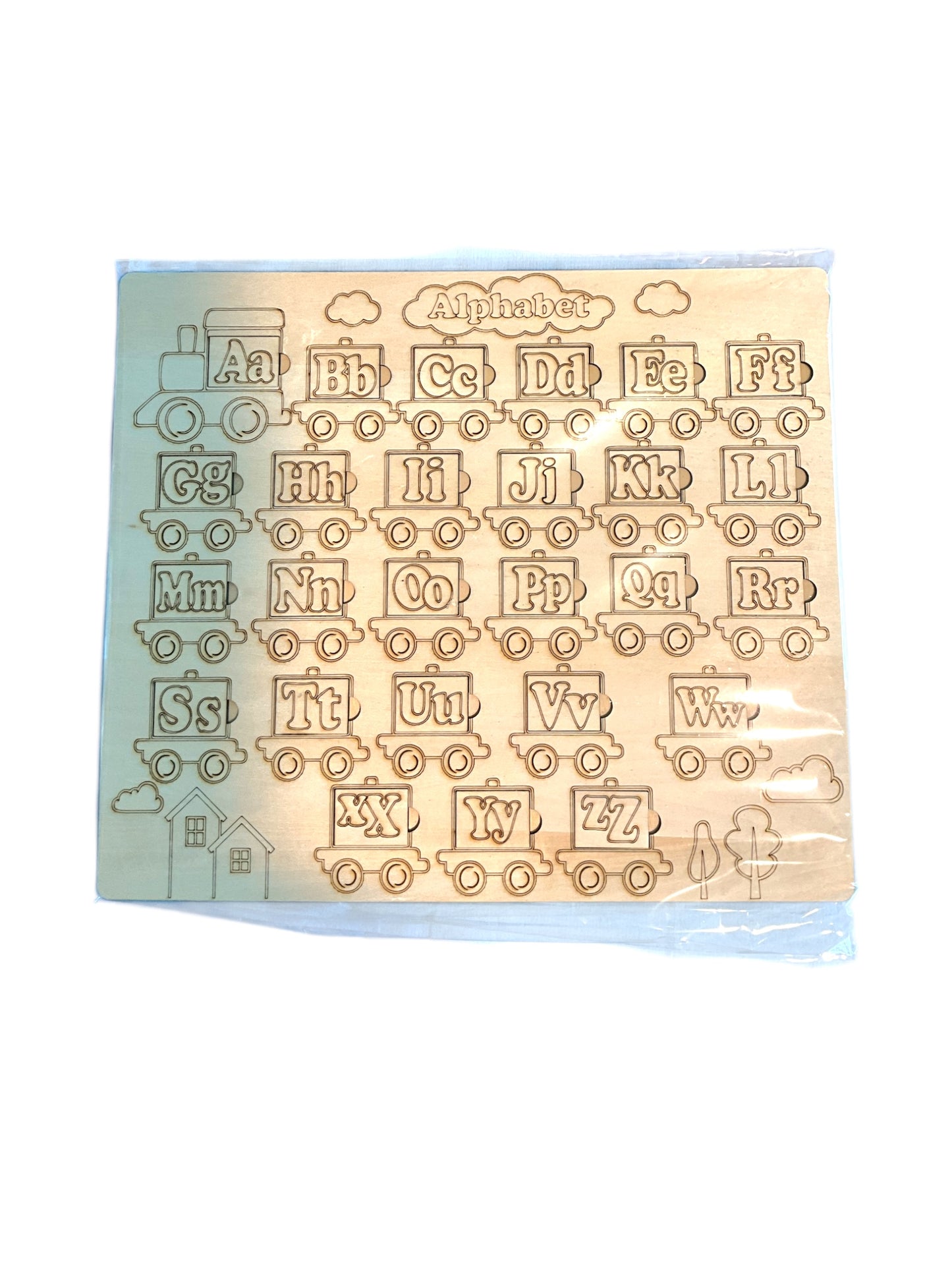 Colorful Wooden Alphabet Puzzle for Kids — 11" x 10" Montessori Learning Toy with Easy-Grip 1" Letters, Available in Painted or DIY Unpainted Versions