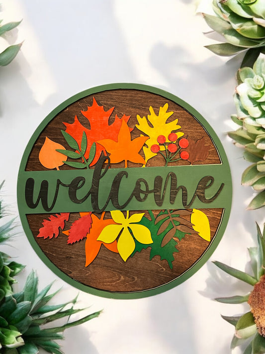 Handmade Wooden Welcome Sign – 11–12" Round Door Hanger, Rustic, Aztec, and Seasonal Designs