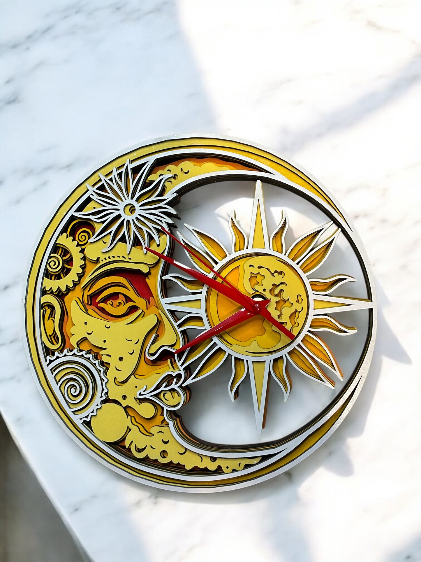 6-Layer Moon and Sun Wall Clock — Celestial Multi-Layer Art with Clock in Sun