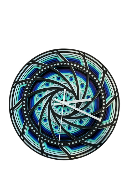 Handcrafted 8-Layer Wooden Wall Clock – Camera Aperture Design in Blues and Blacks