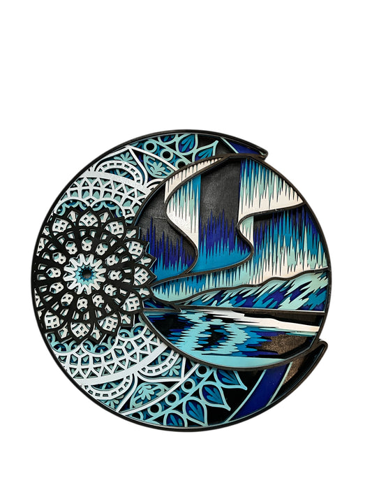 Aurora Moon 6-Layer 3D Clock Wall Art – Vibrant Blue & Teal MDF Wood Sign – Indoor Layered Home Decor