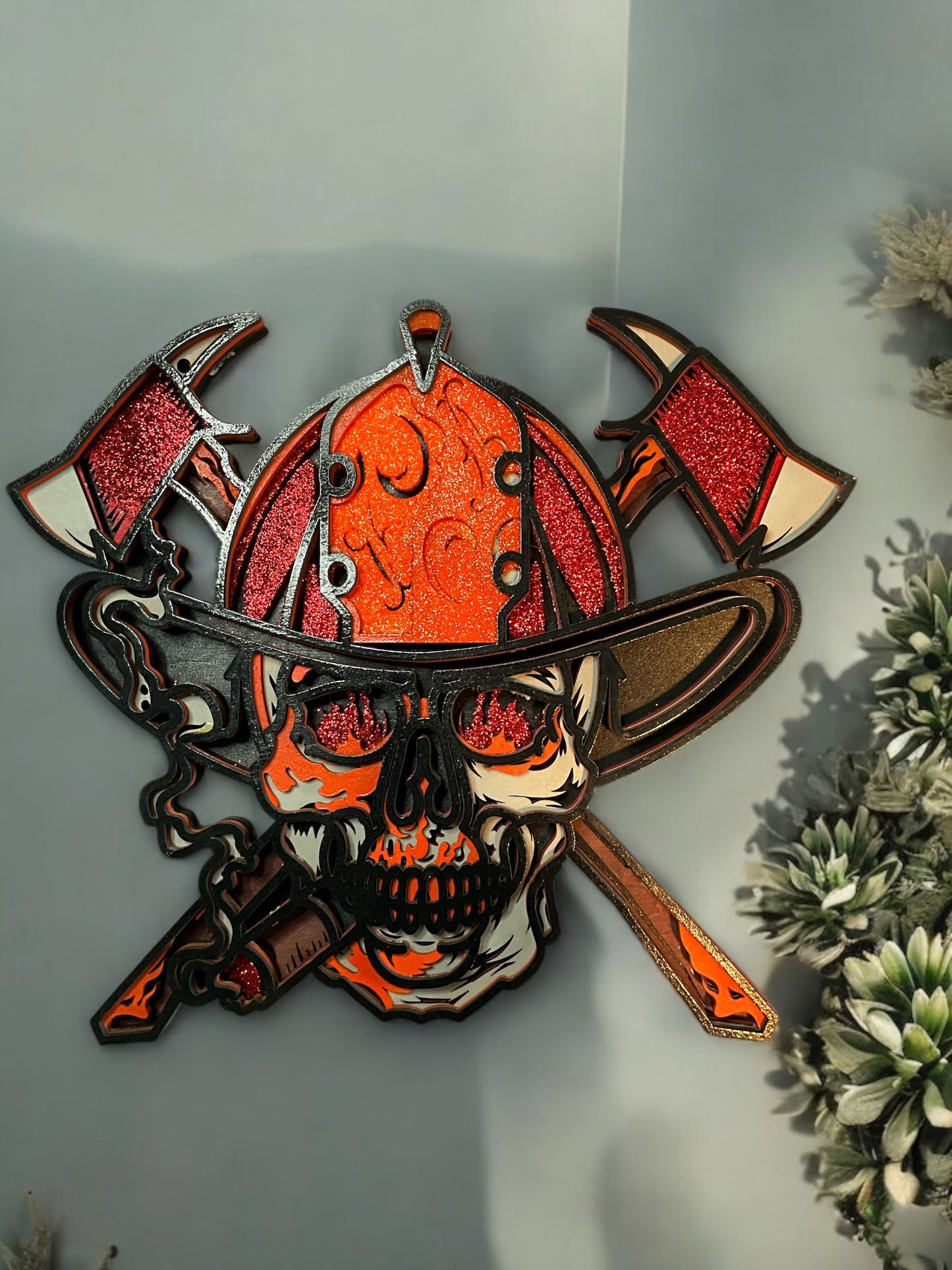 Handcrafted Firefighter Skull Wall Art – Multi-Layer 3D Design with Helmet, Cigar, and Axes