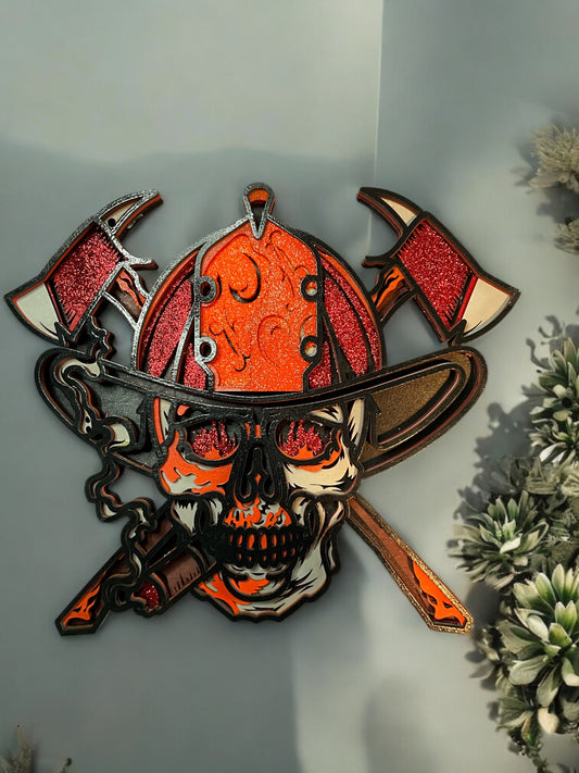 Handcrafted Firefighter Skull Wall Art – Multi-Layer 3D Design with Helmet, Cigar, and Axes