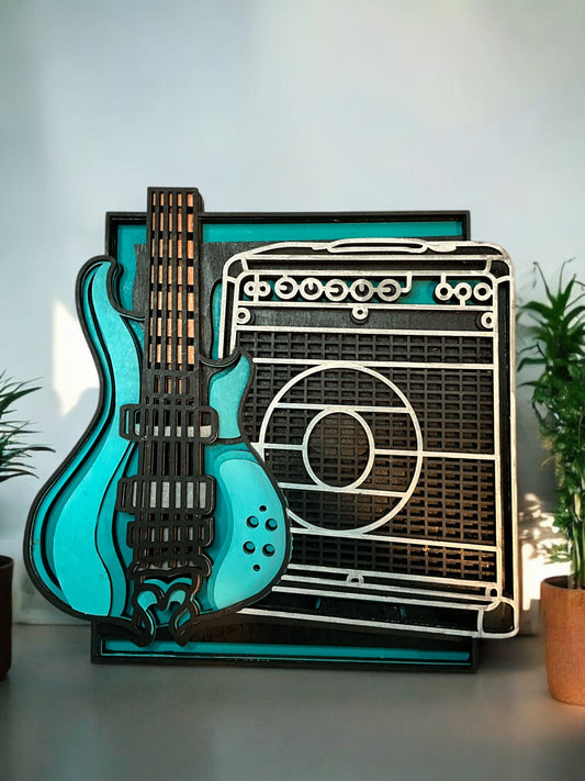 Blue Bass Guitar Wall Art with Amplifier