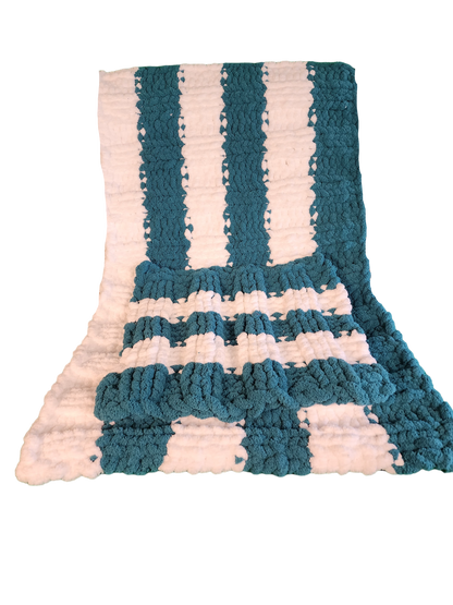 Cozy Super Soft Hand-Knit Chunky Chenille Blankets for Cribs, Baby Blanket Set from Wanderlost Kids (30" x 50"/ 18” x 20”) Teal Striped