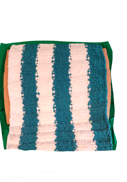 Cozy Super Soft Hand-Knit Chunky Chenille Blankets for Cribs, Baby Blanket Set from Wanderlost Kids (30" x 50"/ 18” x 20”) Teal Striped