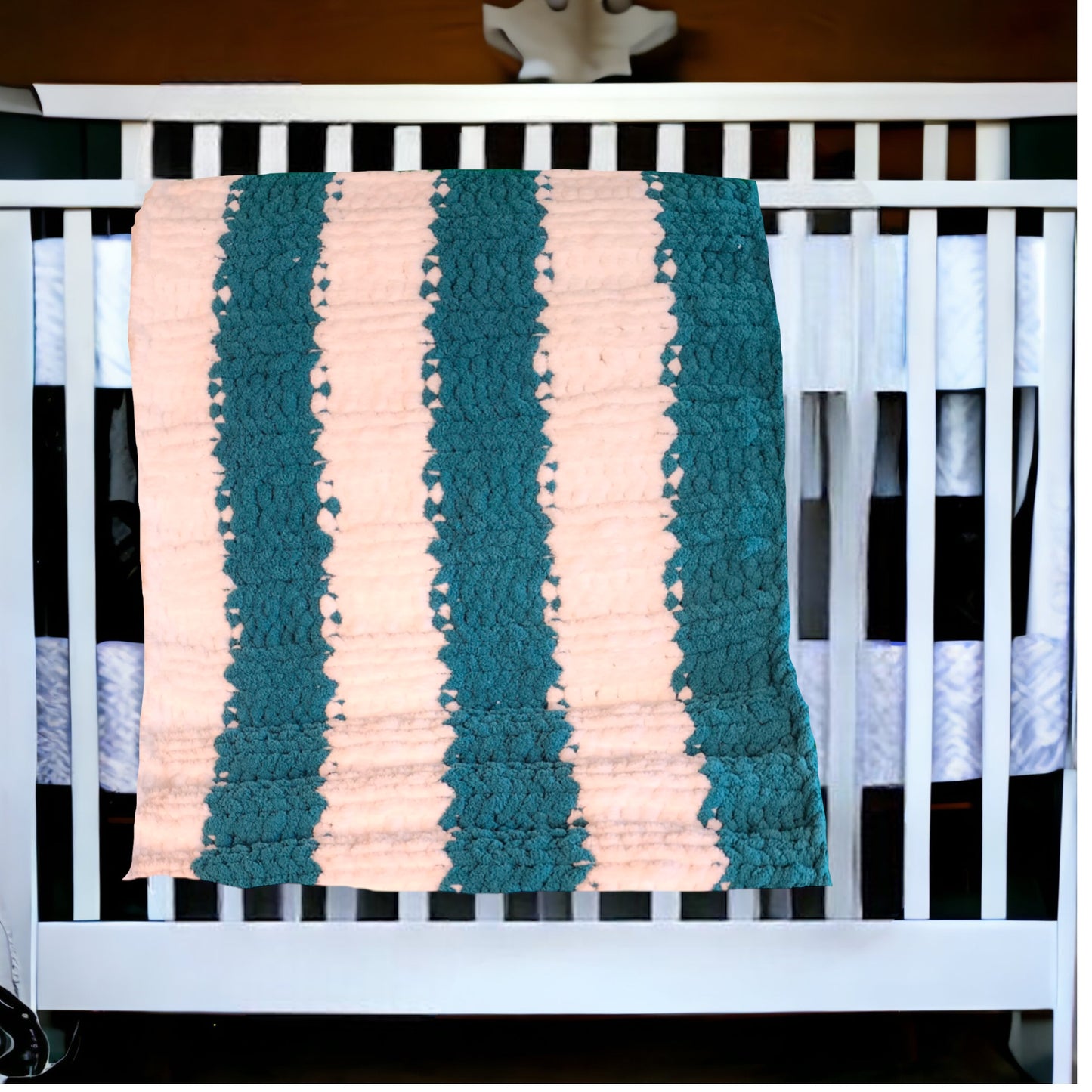 Cozy Super Soft Hand-Knit Chunky Chenille Blankets for Cribs, Baby Blanket Set from Wanderlost Kids (30" x 50"/ 18” x 20”) Teal Striped