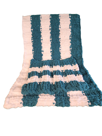 Cozy Super Soft Hand-Knit Chunky Chenille Blankets for Cribs, Baby Blanket Set from Wanderlost Kids (30" x 50"/ 18” x 20”) Teal Striped