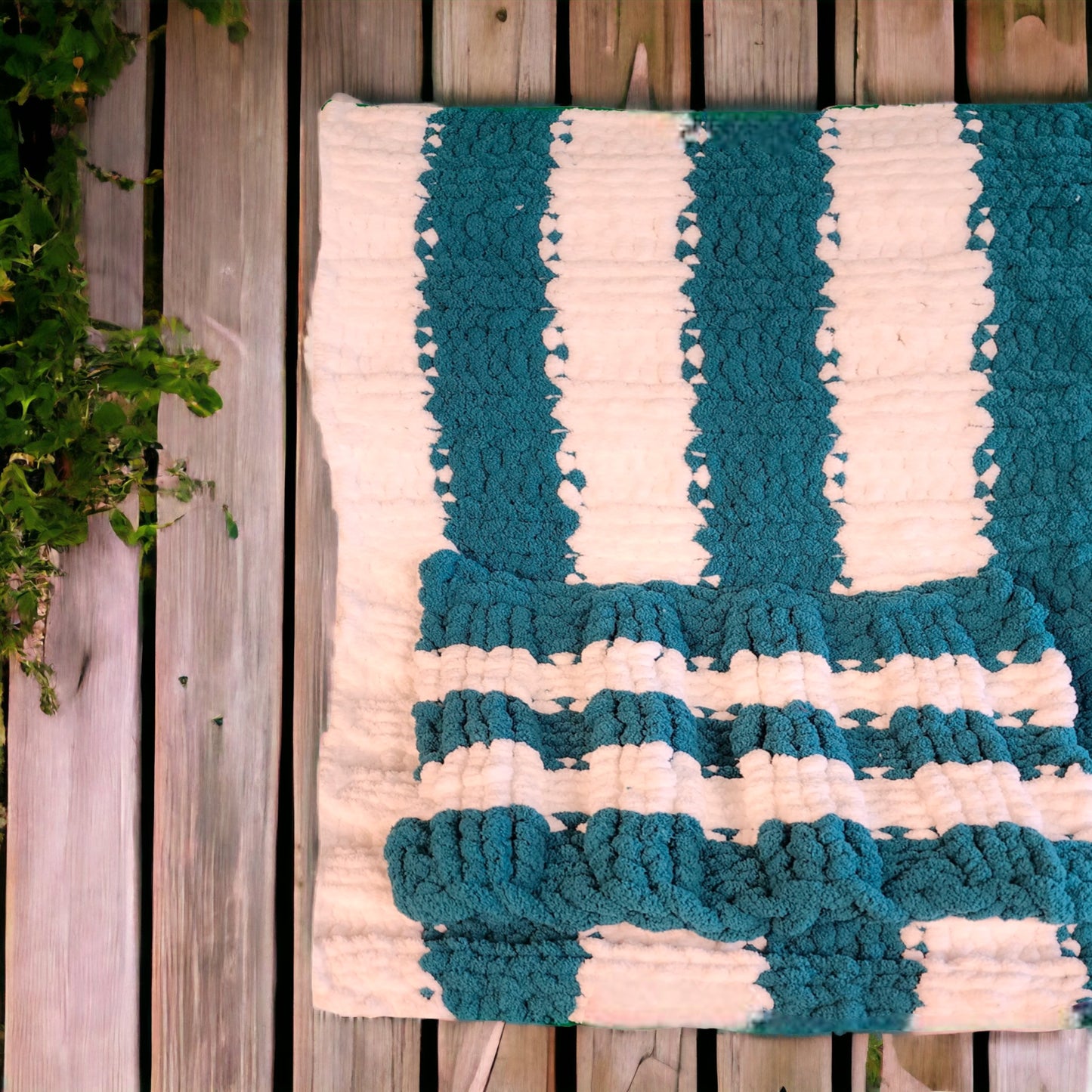 Cozy Super Soft Hand-Knit Chunky Chenille Blankets for Cribs, Baby Blanket Set from Wanderlost Kids (30" x 50"/ 18” x 20”) Teal Striped