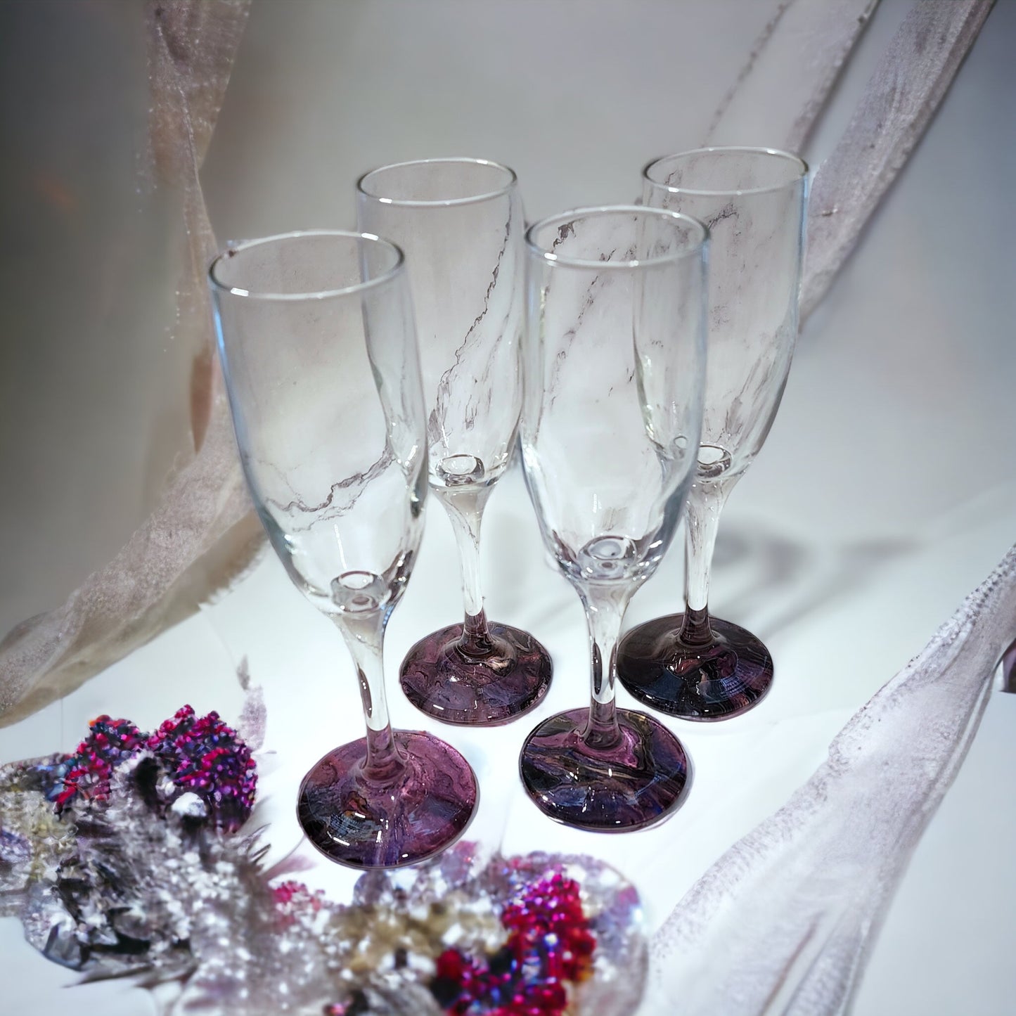 Glass Wine Flutes - Elegance in Every Sip: Set of 4 Hand-Dipped Wine Flutes in Deep Purples and Black 6 Ounces WanderLost Artz