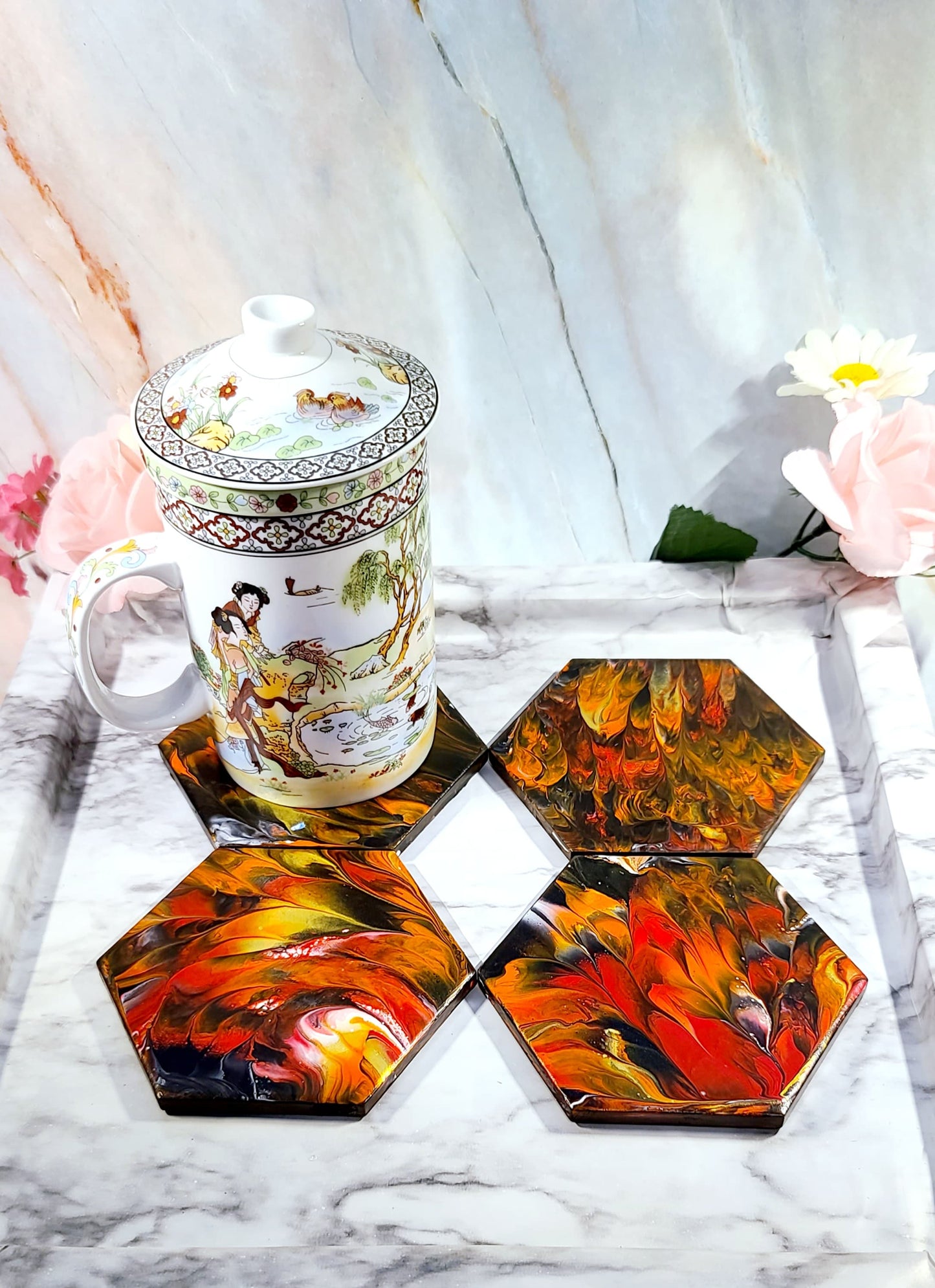 Petal Flames Handcrafted Ceramic Coasters for Beverages, Cups - Heat Resistant for Mugs, Cups, Office, Kitchen, Home Decor - Cork Base Set of 4