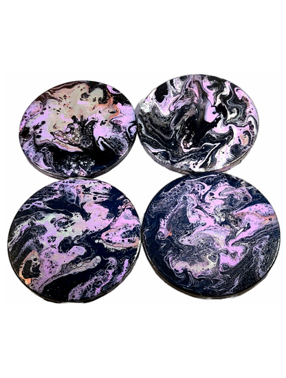 Black and Purple Handcrafted Circle Ceramic Coasters for Beverages, Cups - Heat Resistant for Mugs, Cups, Office, Kitchen, Home Decor - Cork Base Set of 4 Circle